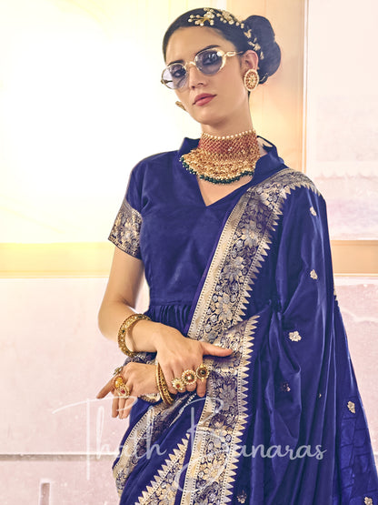 Royal Blue Kanchipuram Silk Saree with gold ethnic motifs zari gold border