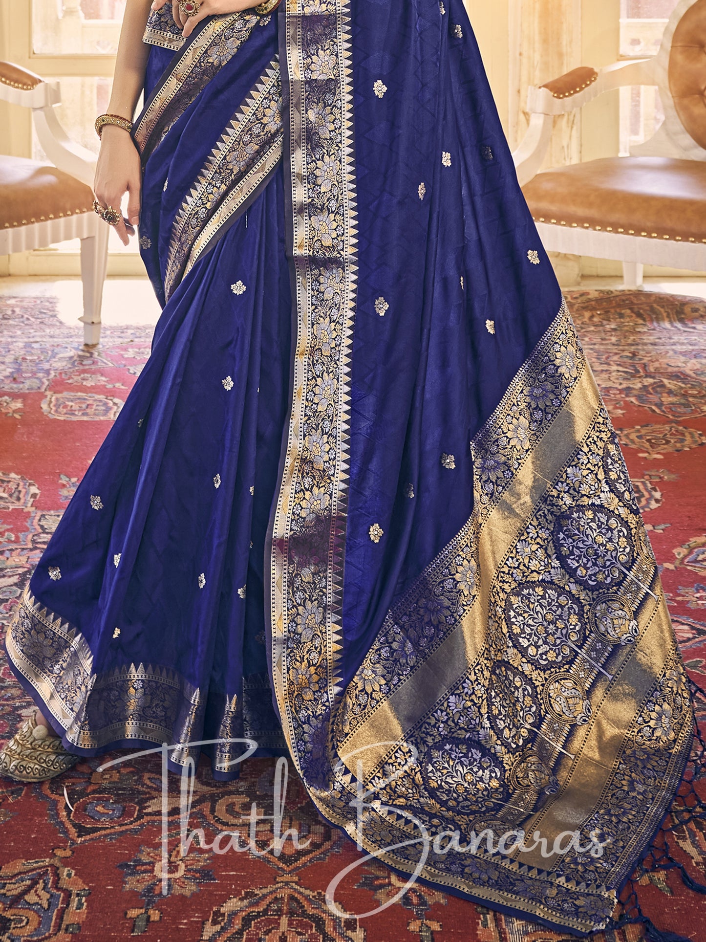 Royal Blue Kanchipuram Silk Saree with gold ethnic motifs zari gold border