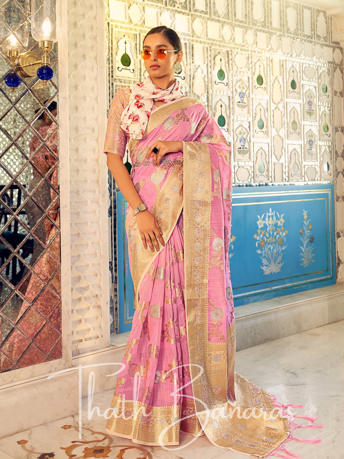 Hot Pink Stunning Beige Pure Linen Weaving Designer Saree