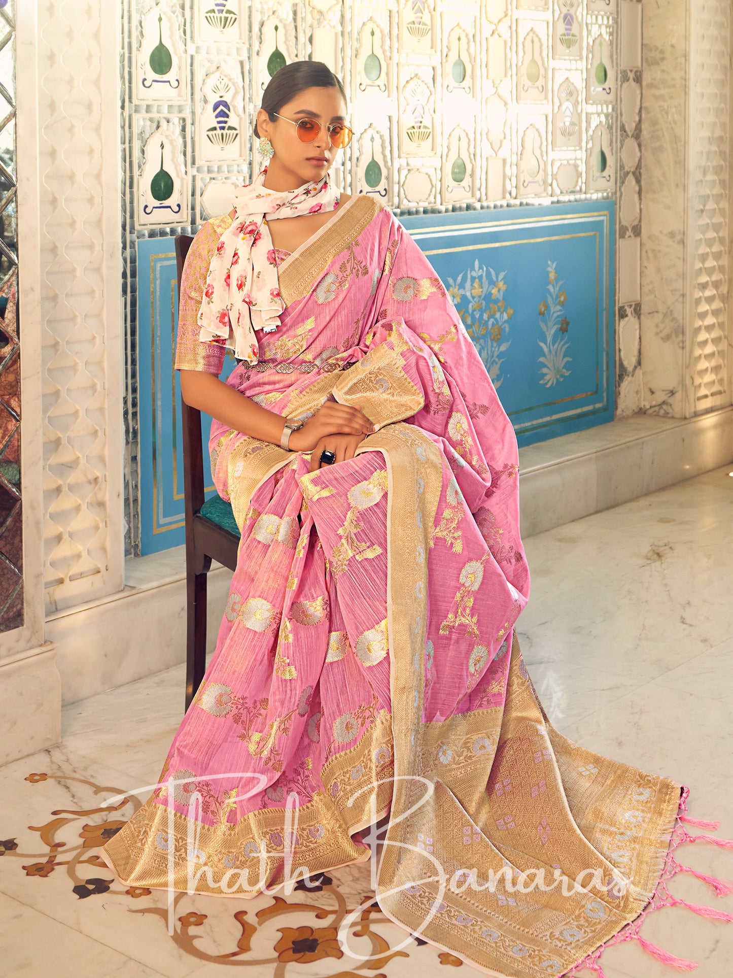 Hot Pink Stunning Beige Pure Linen Weaving Designer Saree