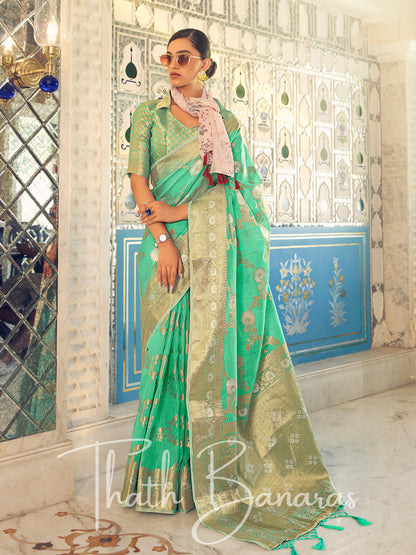 Seafoam Green Stunning Beige Pure Linen Weaving Designer Saree