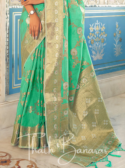 Seafoam Green Stunning Beige Pure Linen Weaving Designer Saree