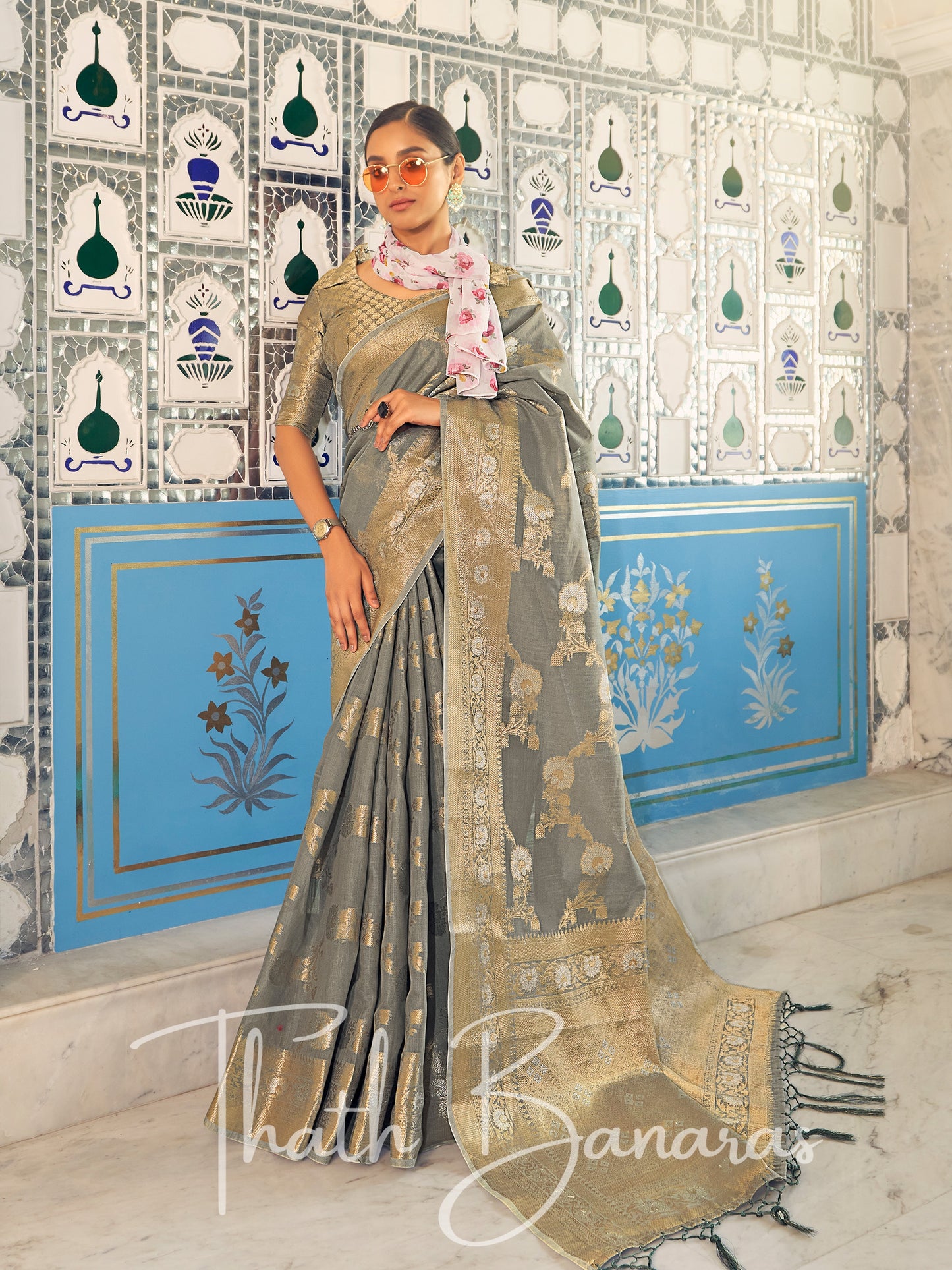 Pearl Gray Stunning Beige Pure Linen Weaving Designer Saree