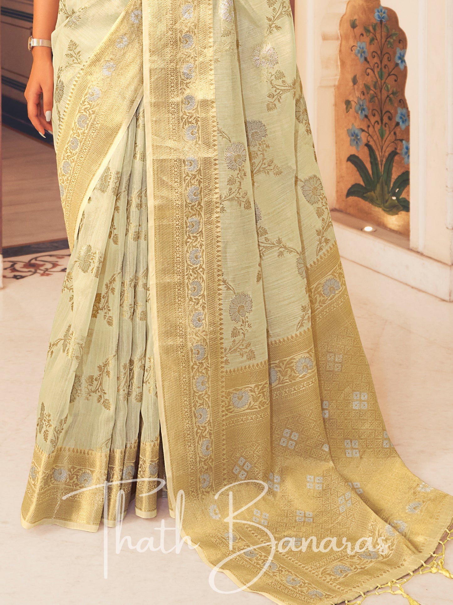 Snow White Stunning Beige Pure Linen Weaving Designer Saree