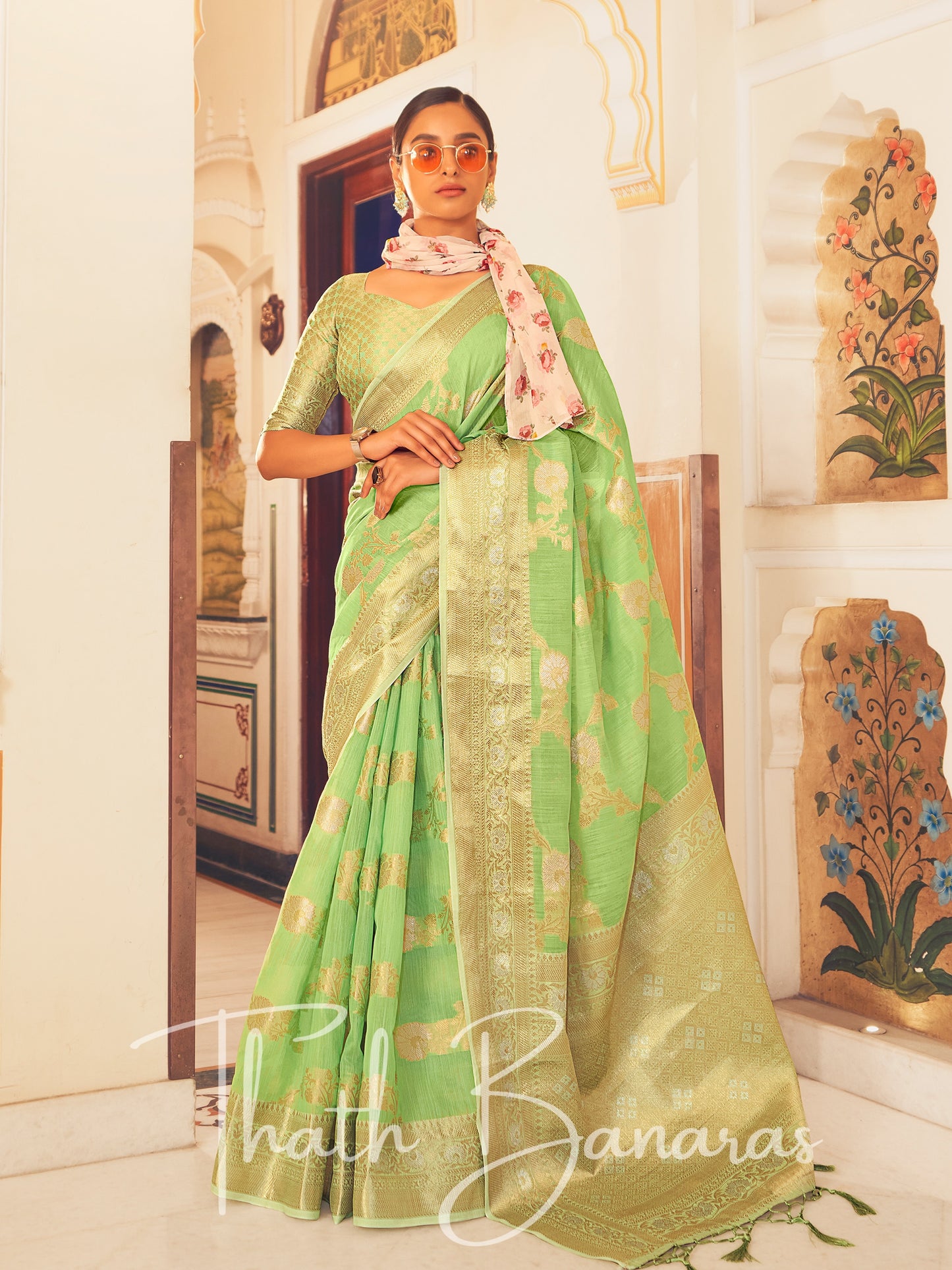 Mint Green Stunning Beige Pure Linen Weaving Designer Saree