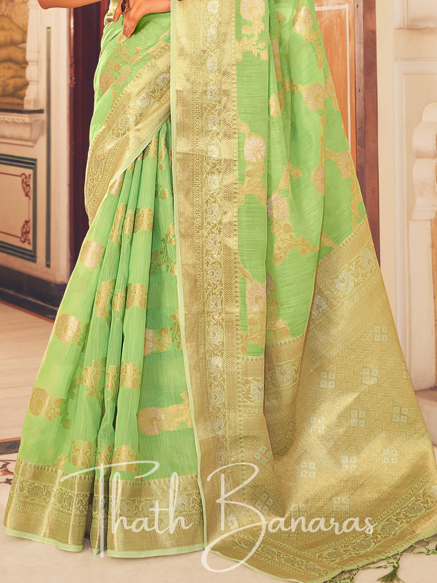 Mint Green Stunning Beige Pure Linen Weaving Designer Saree