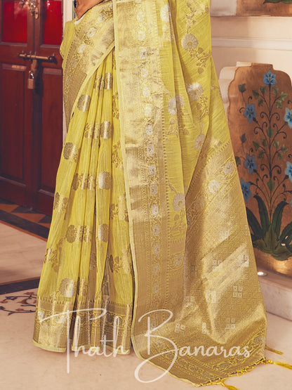 Lemon Yellow Stunning Beige Pure Linen Weaving Designer Saree