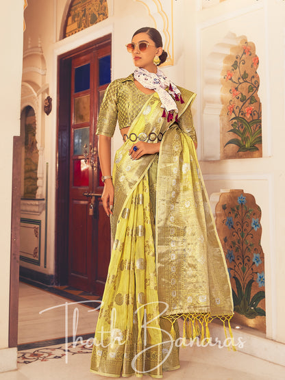 Lemon Yellow Stunning Beige Pure Linen Weaving Designer Saree