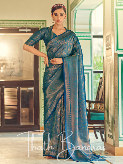 Deep blue Soft Handloom Weaving Silk with Copper Zari