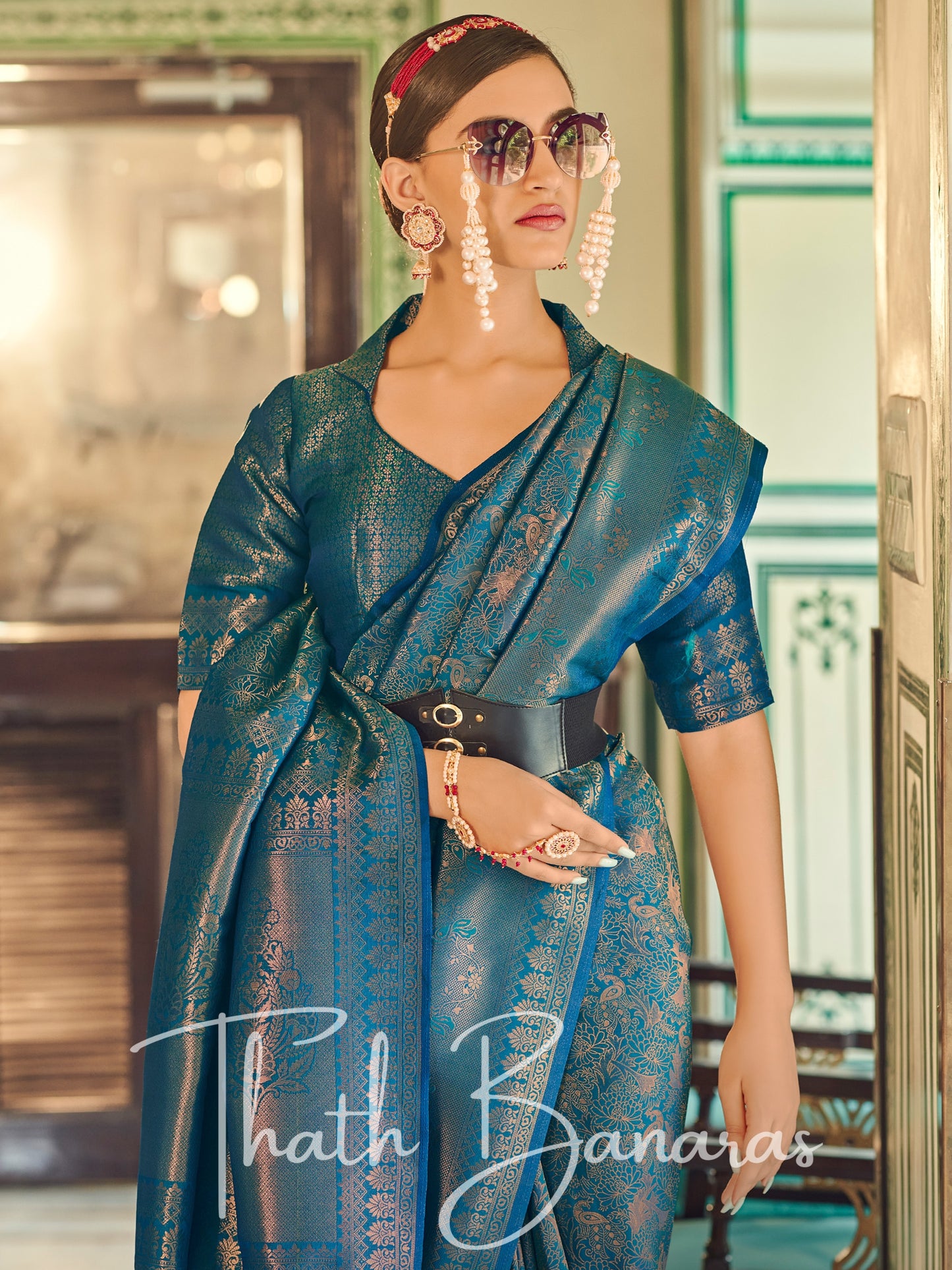 Deep blue Soft Handloom Weaving Silk with Copper Zari