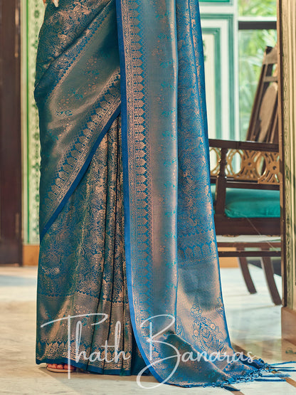 Deep blue Soft Handloom Weaving Silk with Copper Zari