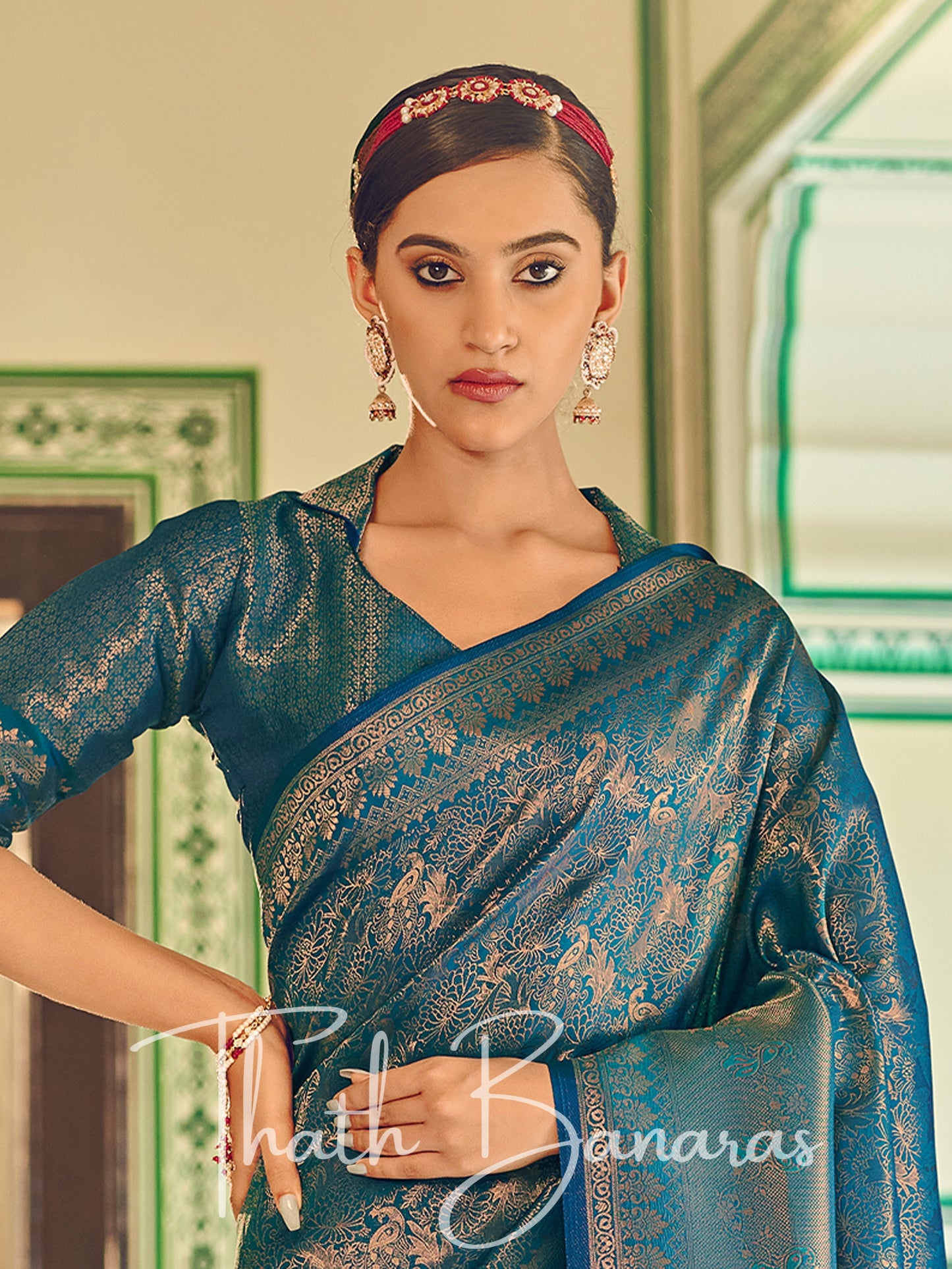 Deep blue Soft Handloom Weaving Silk with Copper Zari