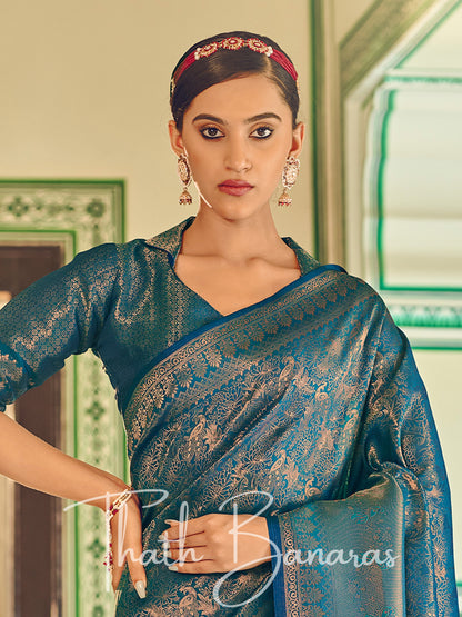 Deep blue Soft Handloom Weaving Silk with Copper Zari