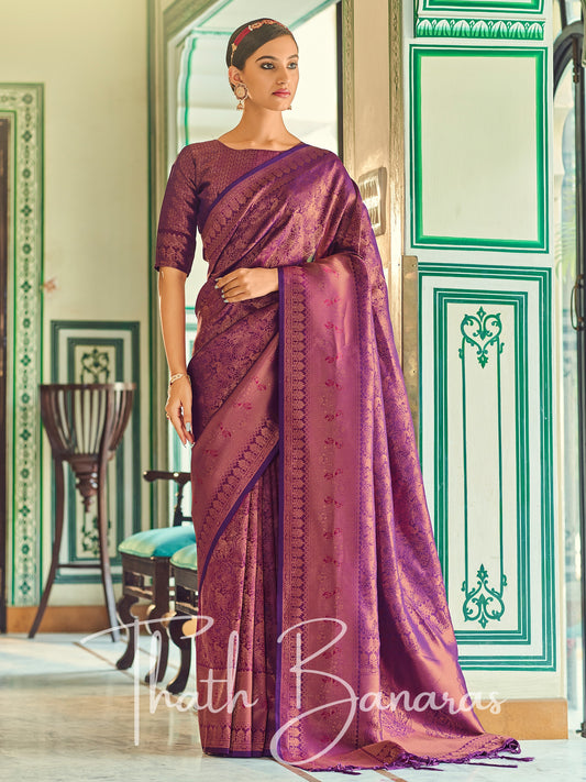 Magenta Soft Handloom Weaving Silk with Copper Zari