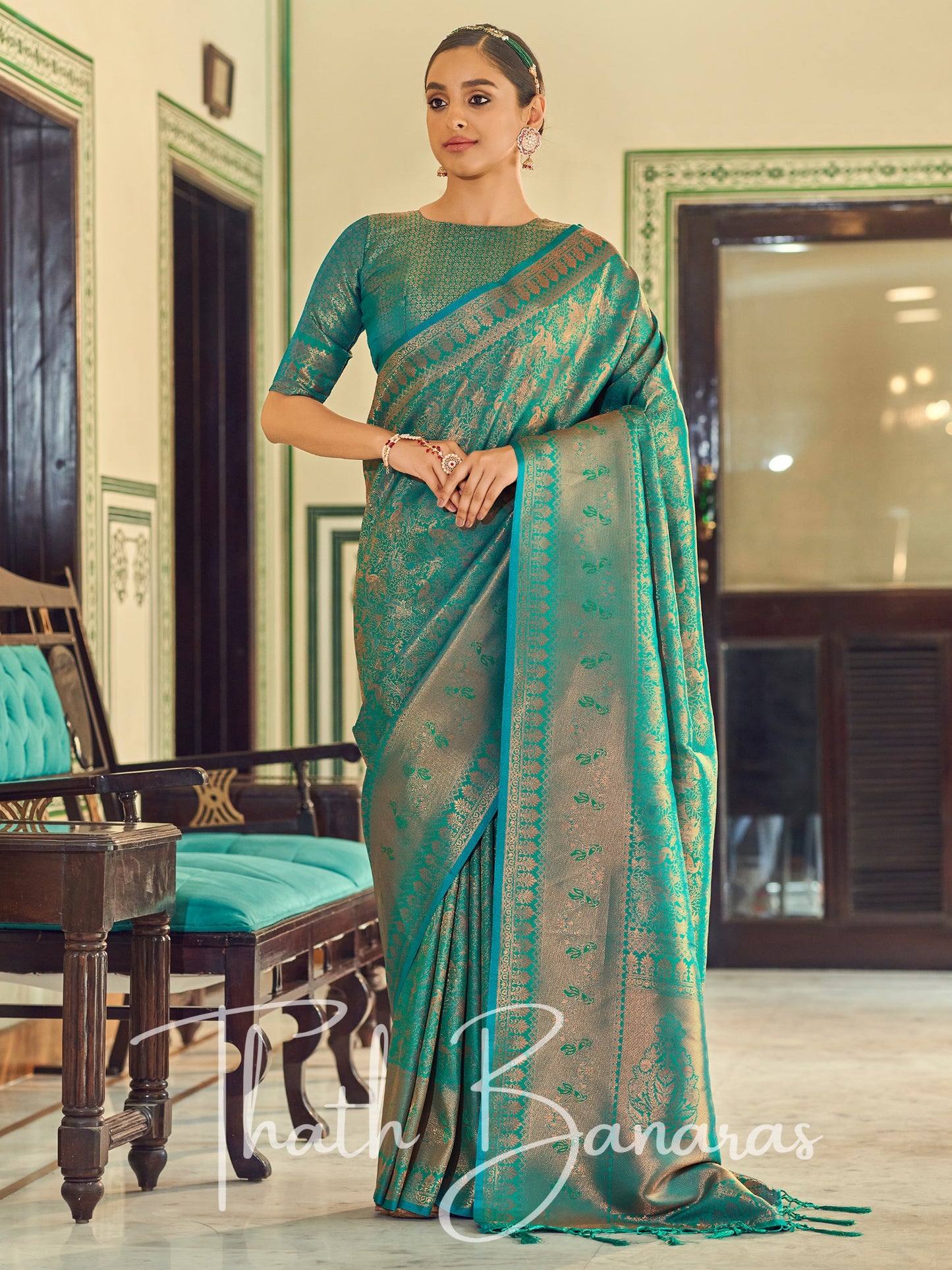 Blue Soft Handloom Weaving Silk with Copper Zari