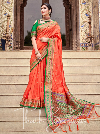 Bright Orange Soft silk weaving Saree with Beautiful Designer border & Pallu