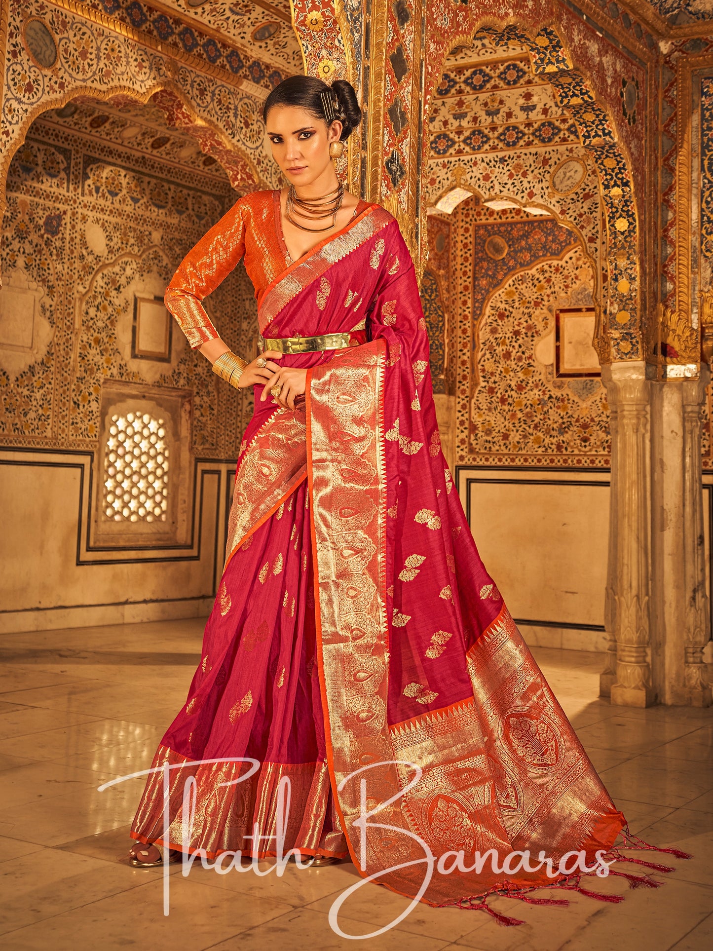 Tango Red Banarasi Weaving Tusser Silk Saree