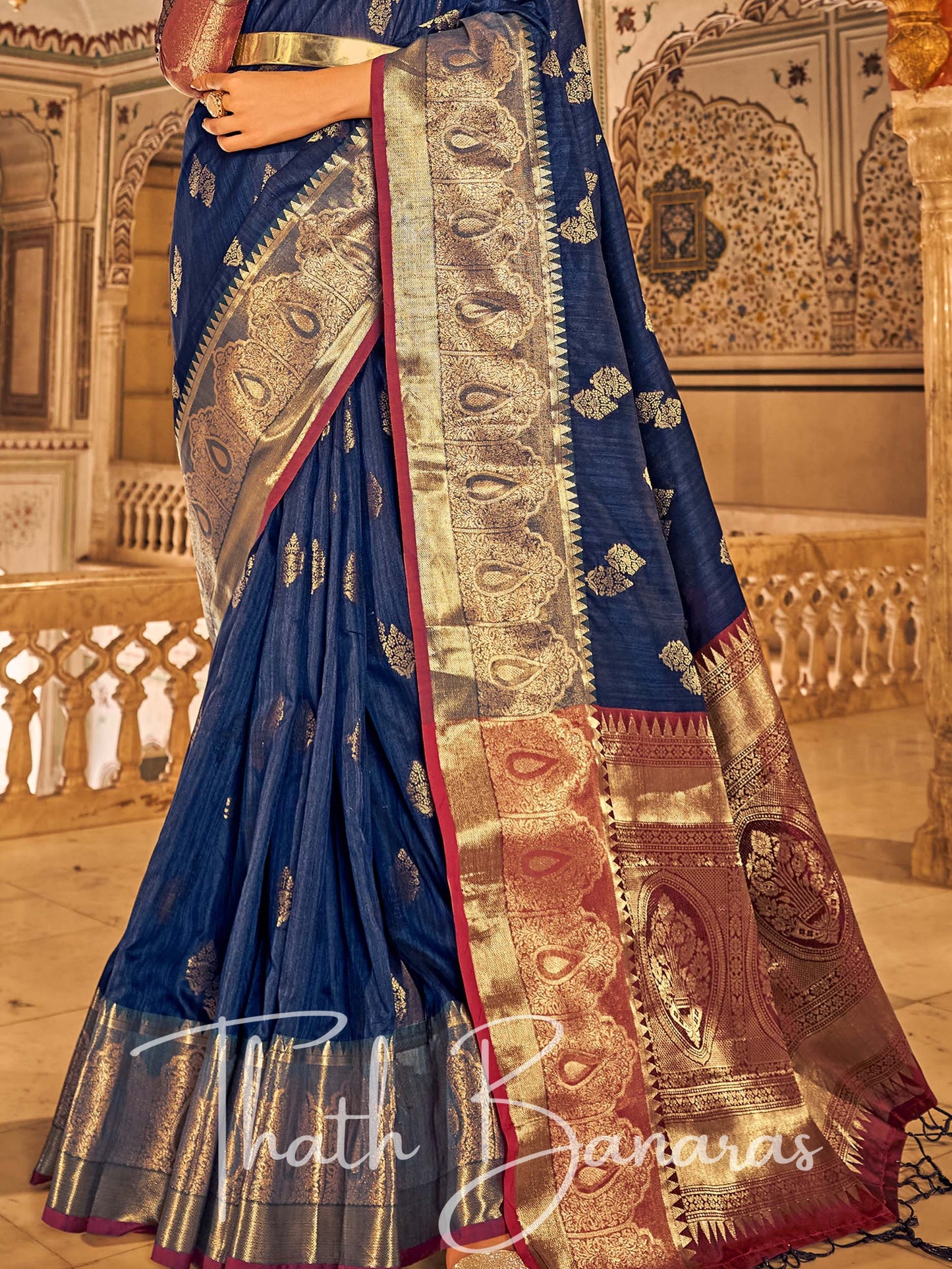 Navy Blue Banarasi Weaving Tusser Silk Saree