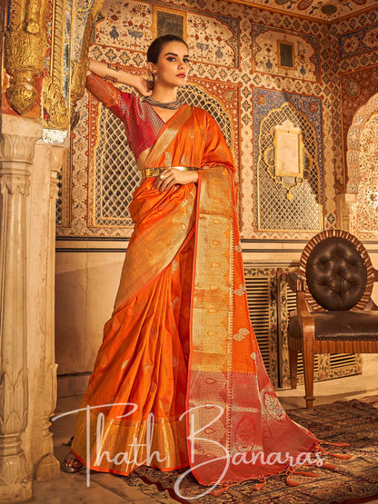 Orange Banarasi Weaving Tusser Silk Saree