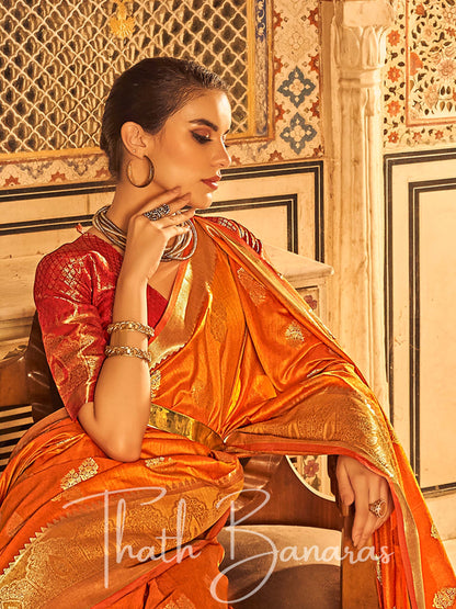 Orange Banarasi Weaving Tusser Silk Saree