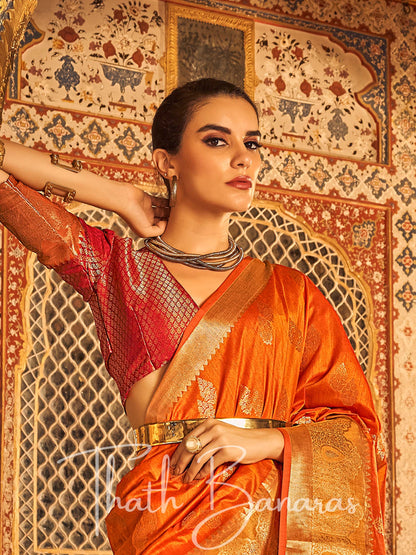 Orange Banarasi Weaving Tusser Silk Saree