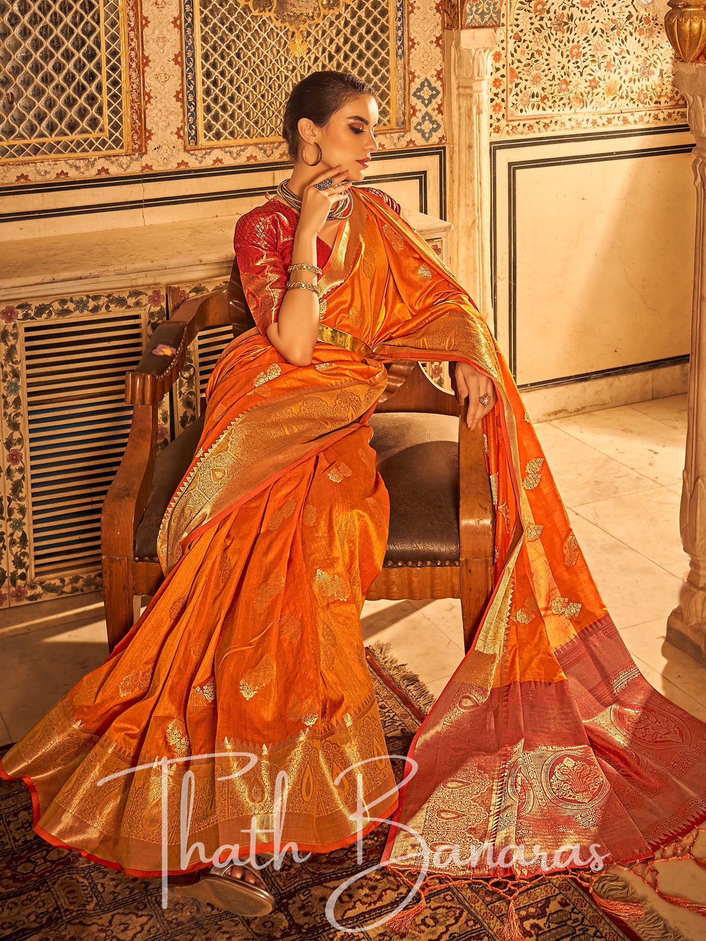 Orange Banarasi Weaving Tusser Silk Saree