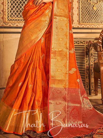 Orange Banarasi Weaving Tusser Silk Saree