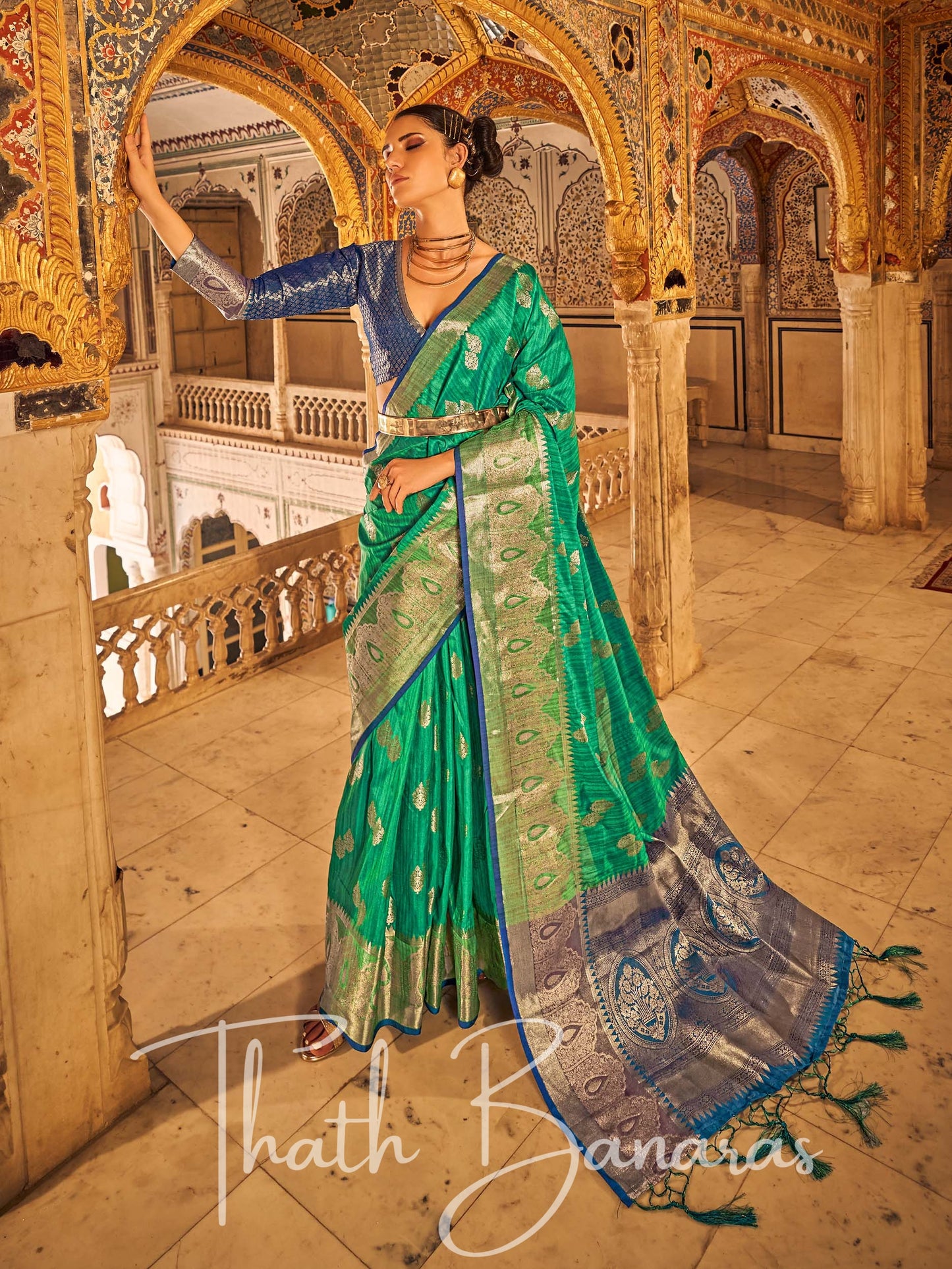 Ocean Green Banarasi Weaving Tusser Silk Saree