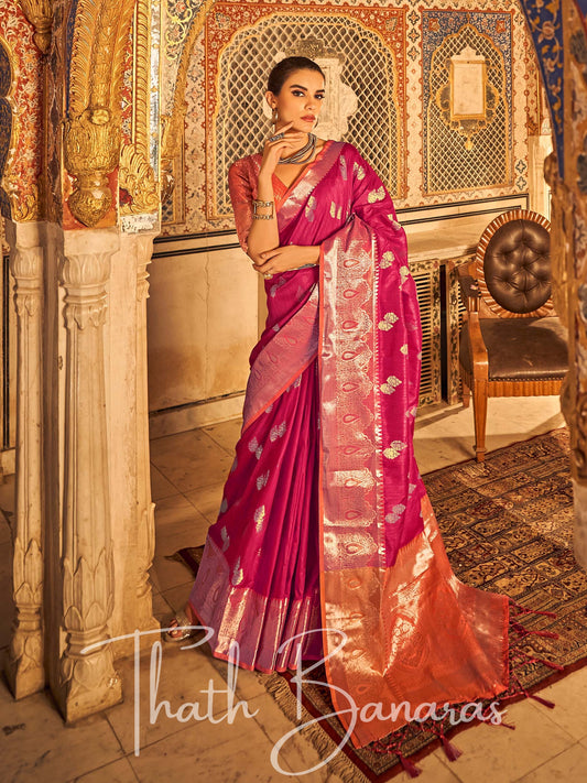 Magenta Pink Banarasi Weaving Tusser Silk Saree