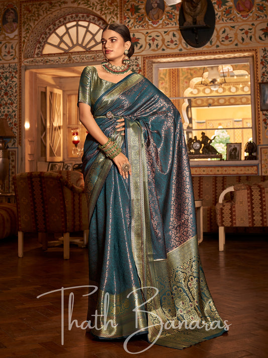 Blueish Green Regal Copper Threads Kanchipuram Saree