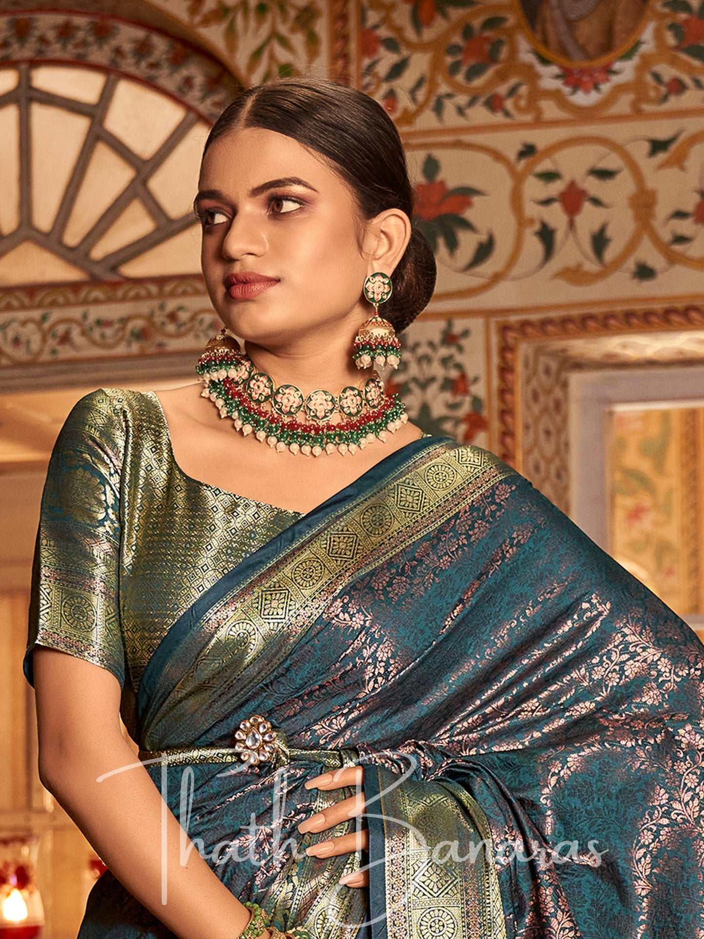 Blueish Green Regal Copper Threads Kanchipuram Saree