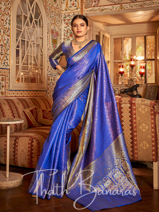 Indigo Blue Regal Copper Threads Kanchipuram Saree