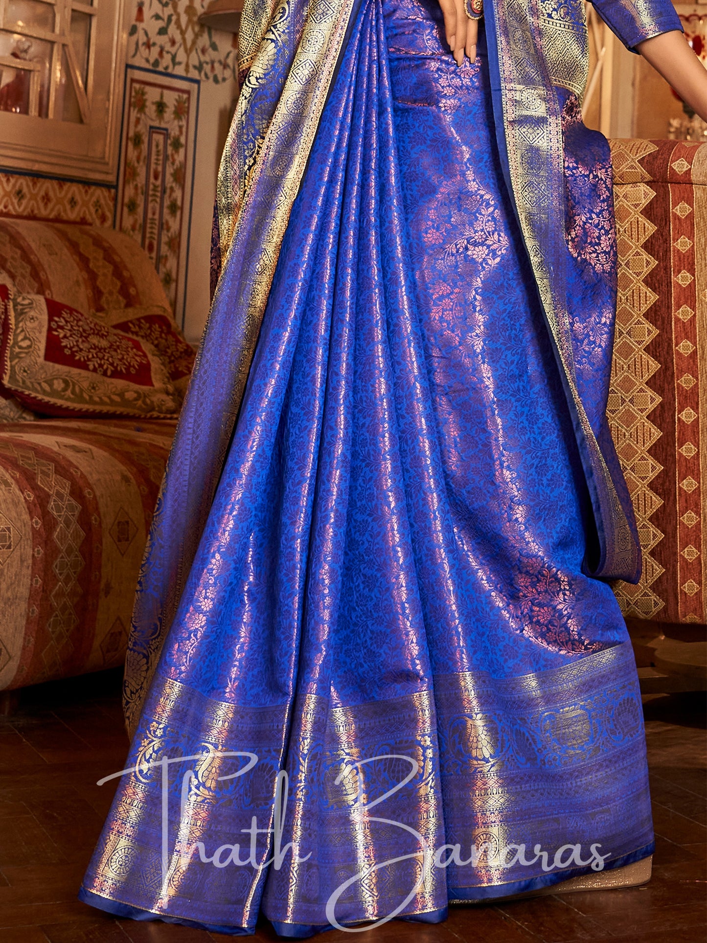 Indigo Blue Regal Copper Threads Kanchipuram Saree