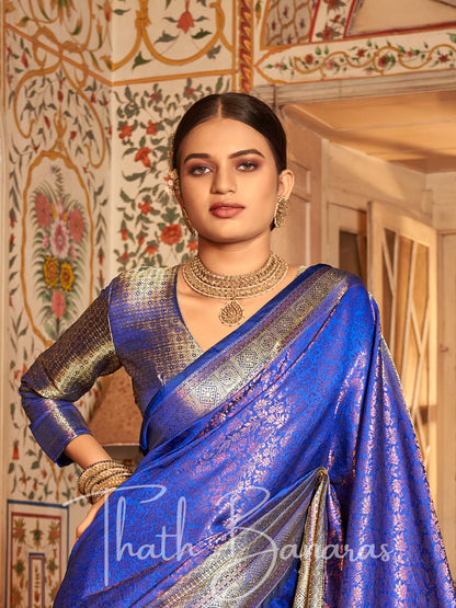 Indigo Blue Regal Copper Threads Kanchipuram Saree