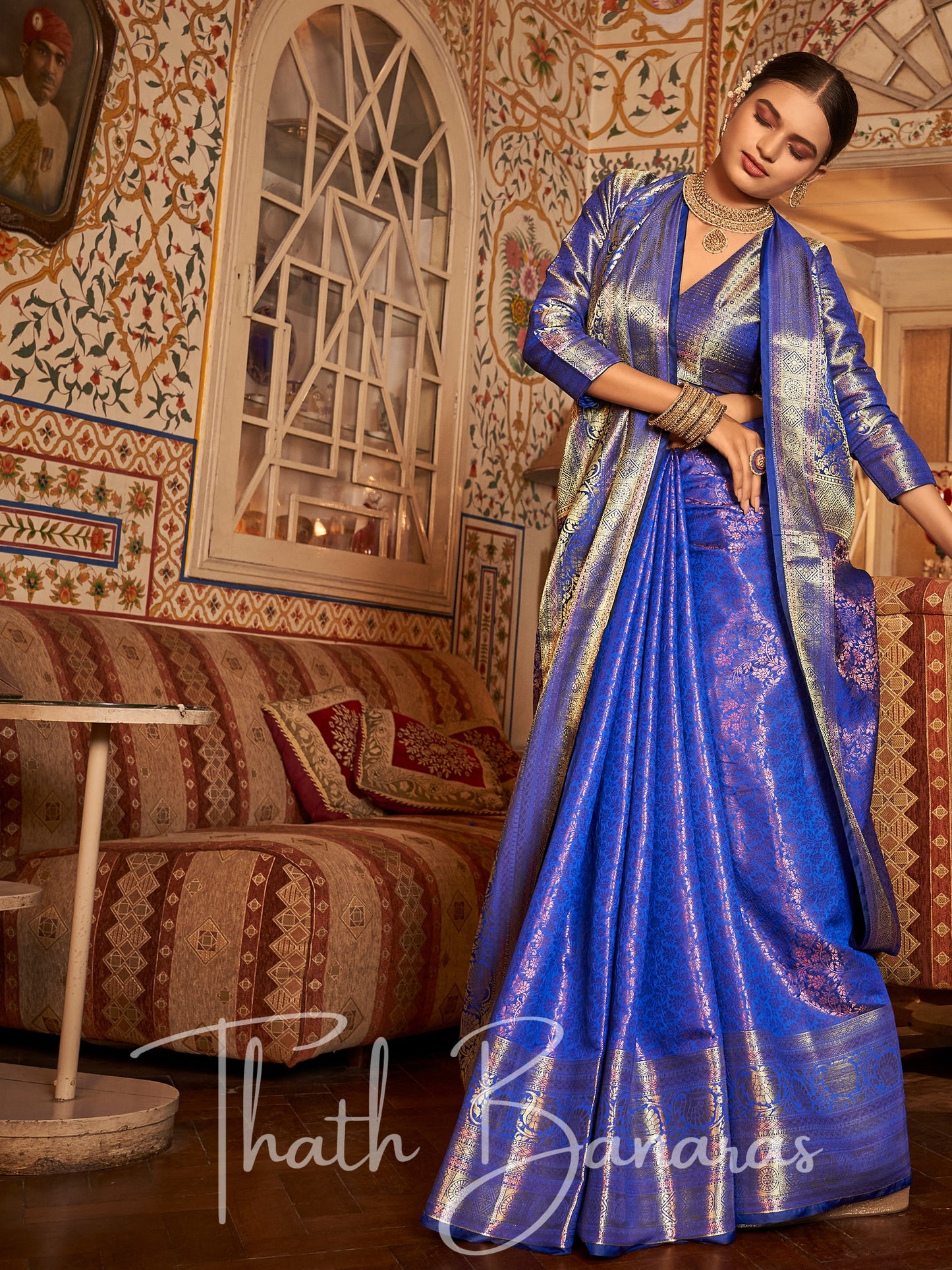 Indigo Blue Regal Copper Threads Kanchipuram Saree