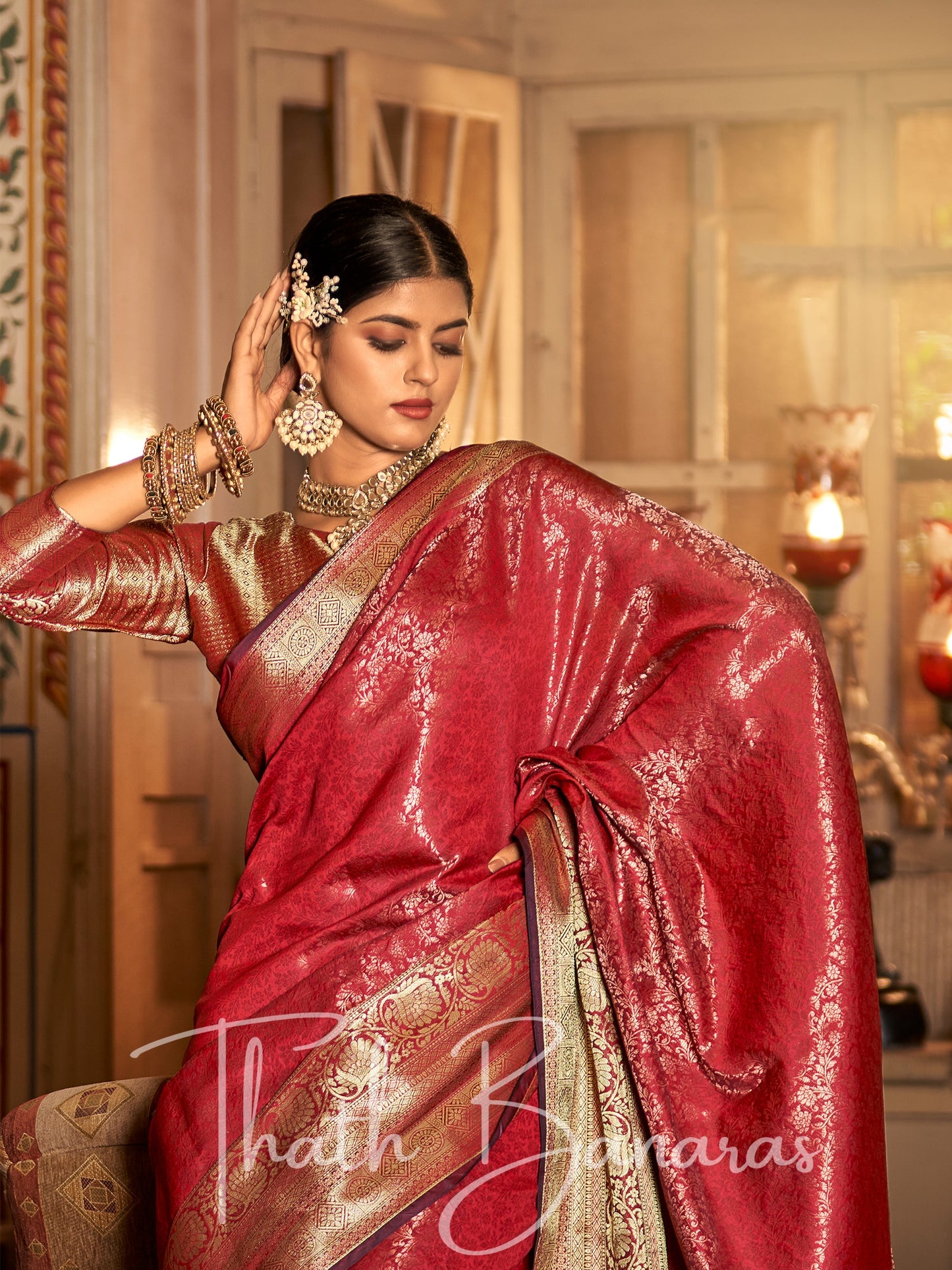 Red Regal Copper Threads Kanchipuram Saree