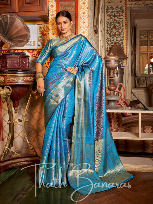 Turquoise Blue Regal Copper Threads Kanchipuram Saree