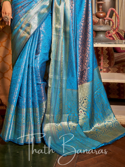 Turquoise Blue Regal Copper Threads Kanchipuram Saree