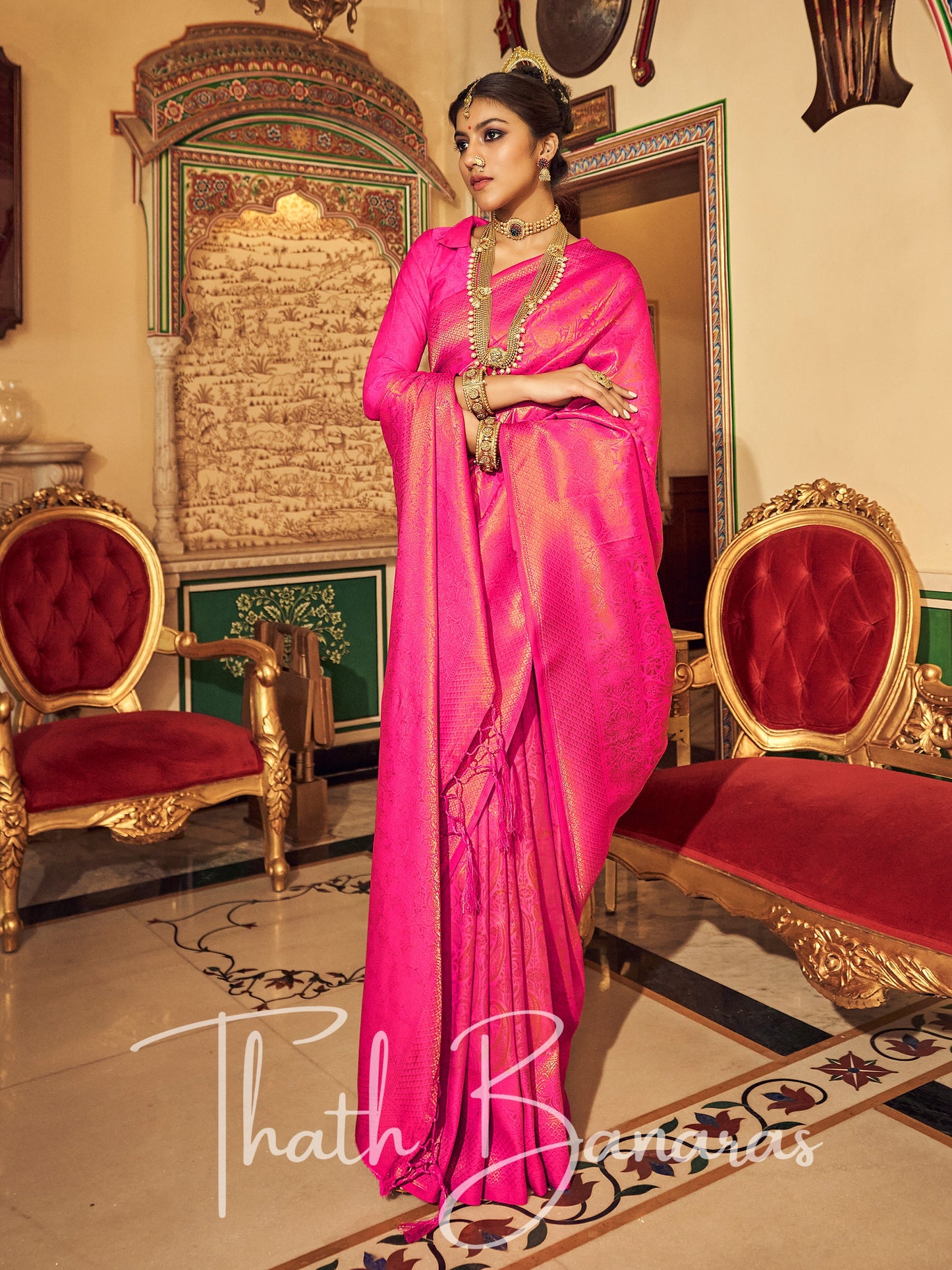 Pink Soft Handloom Weaving Silk with Copper Zari Saree