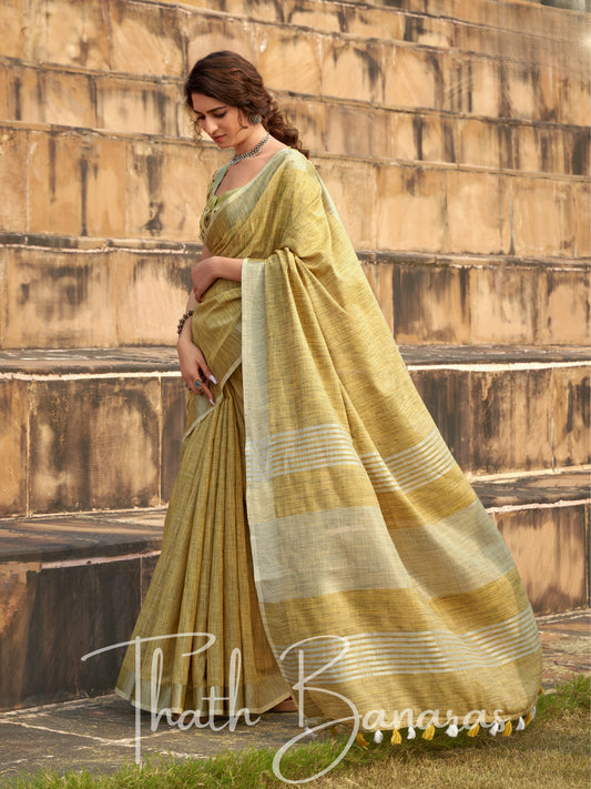 Corn yellow color soft linen Silk with khadi Print Saree