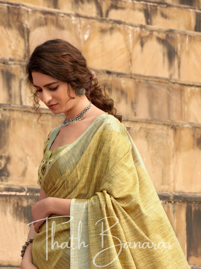 Corn yellow color soft linen Silk with khadi Print Saree