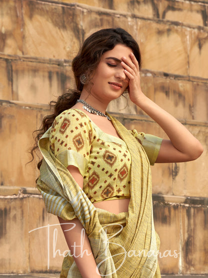 Corn yellow color soft linen Silk with khadi Print Saree