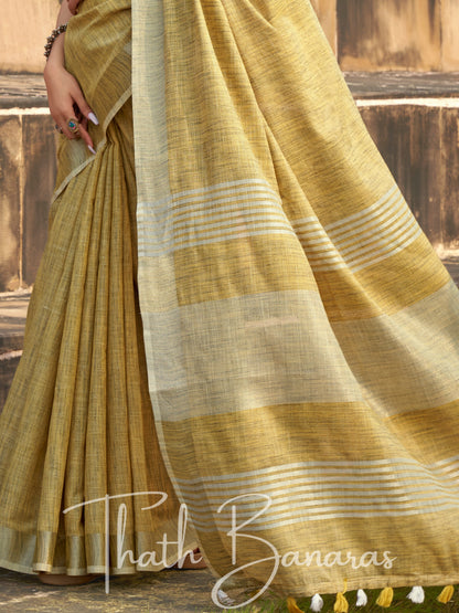 Corn yellow color soft linen Silk with khadi Print Saree