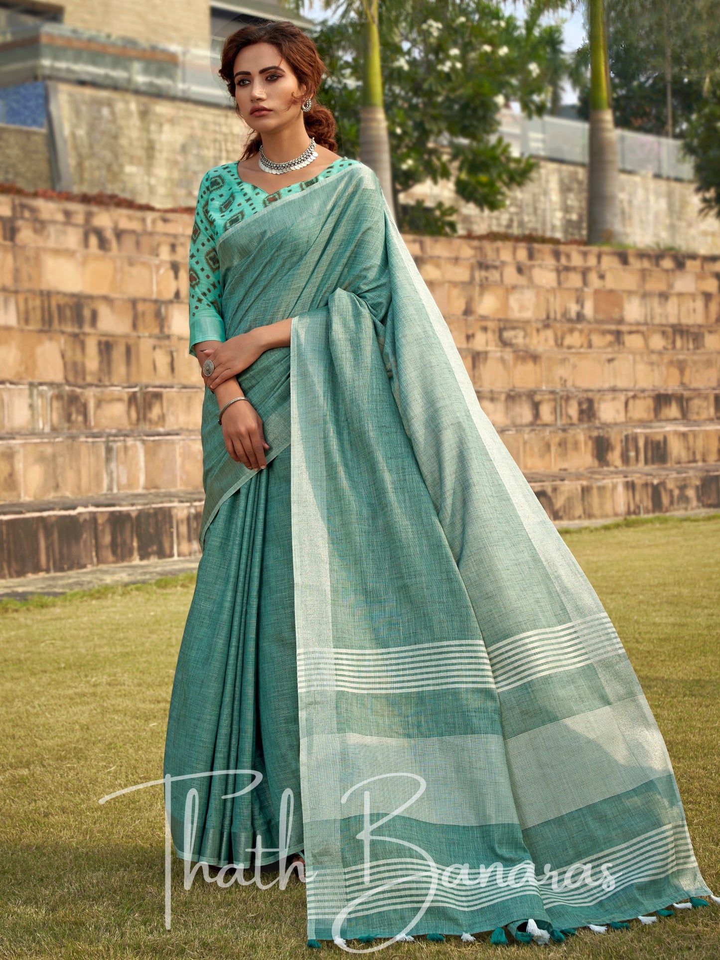 Mint green color soft linen Silk with khadi Print Saree