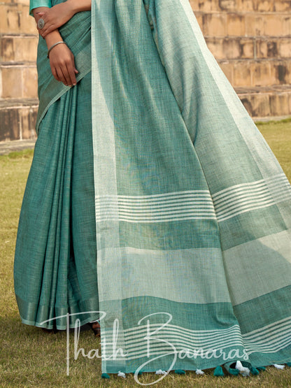 Mint green color soft linen Silk with khadi Print Saree