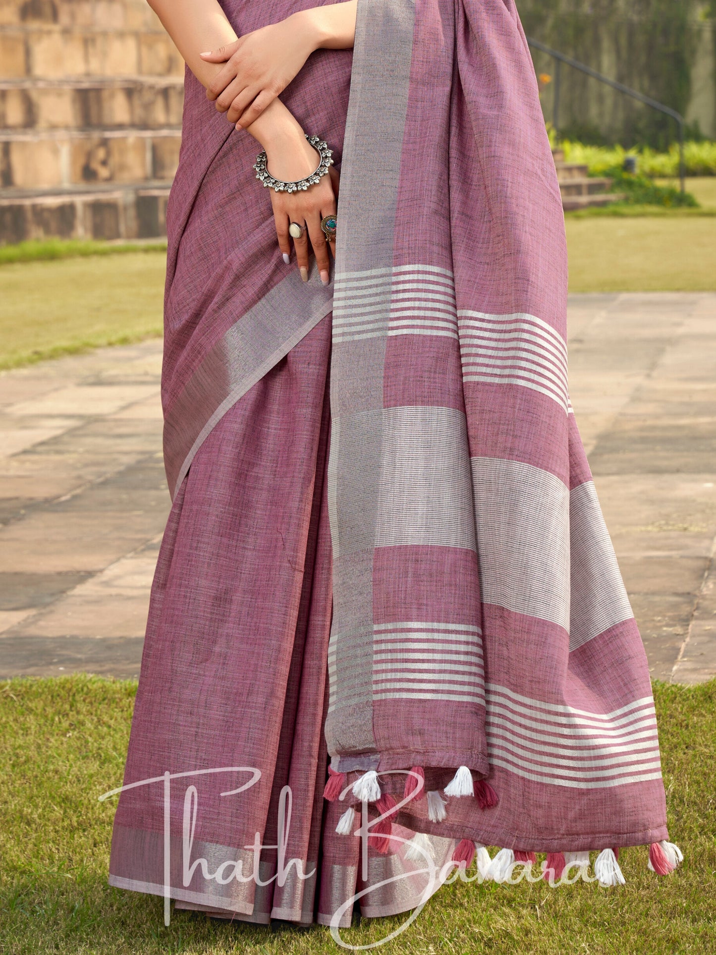 Dusty Pink color soft linen Silk with khadi Print Saree