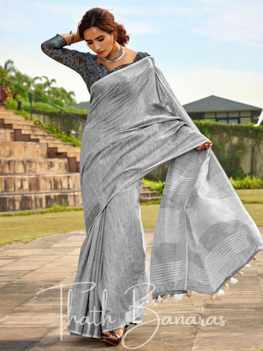 Grey color soft linen Silk with khadi Print Saree