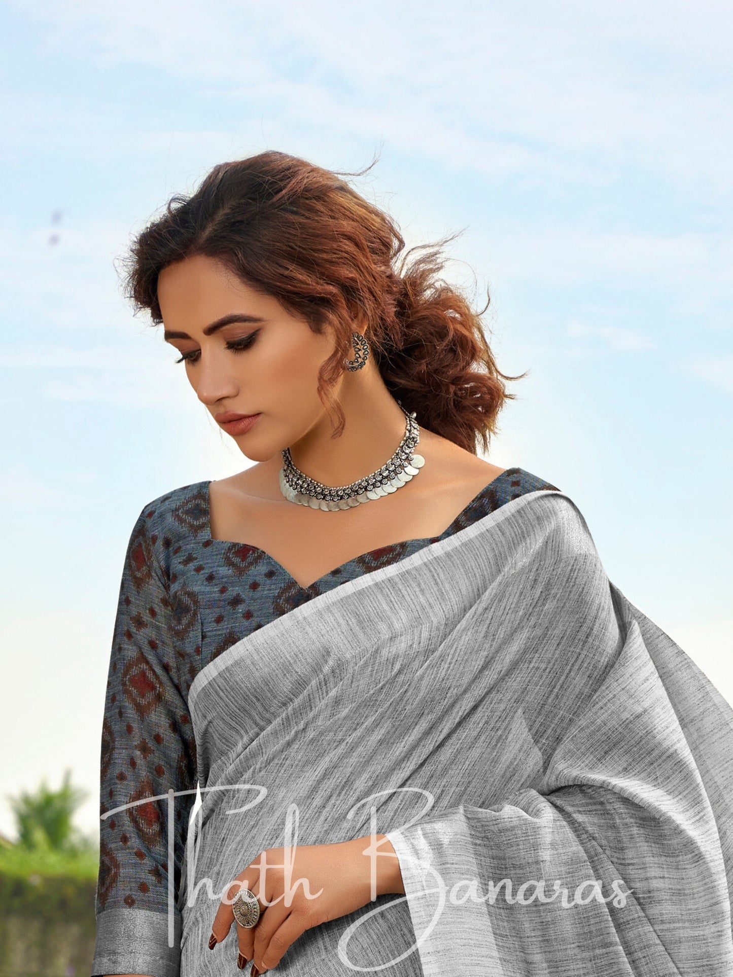 Grey color soft linen Silk with khadi Print Saree