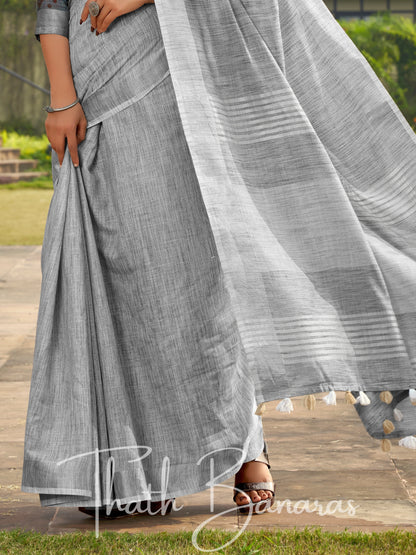 Grey color soft linen Silk with khadi Print Saree