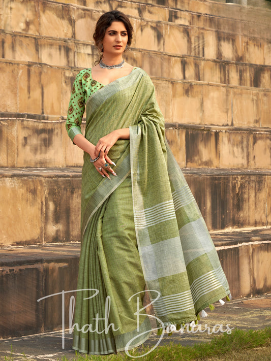 Pista green color soft linen Silk with khadi Print Saree